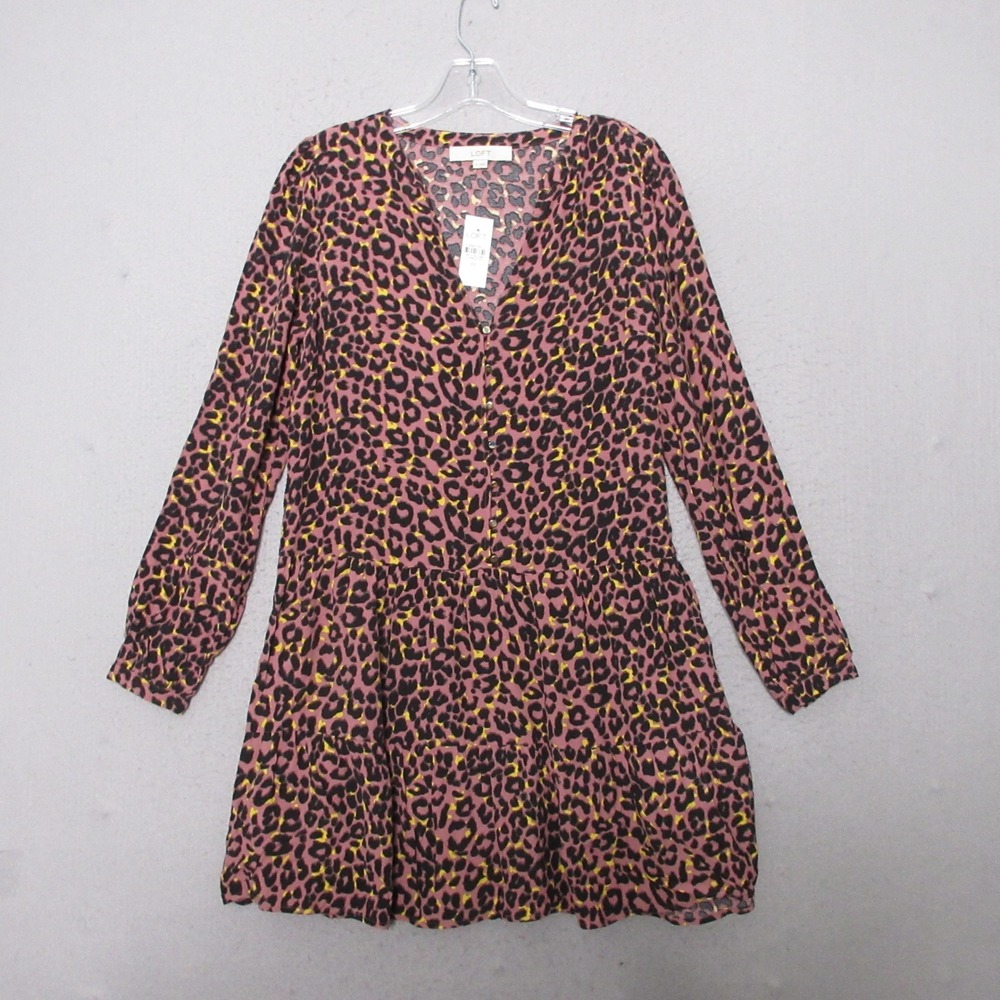 LOFT Dress Leopard Animal Tiered Mini Boho Neutral Fall Flowy Long Sleeve NWT